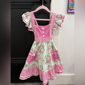 Floral Pink and White Dress with Ruffle Sleeves